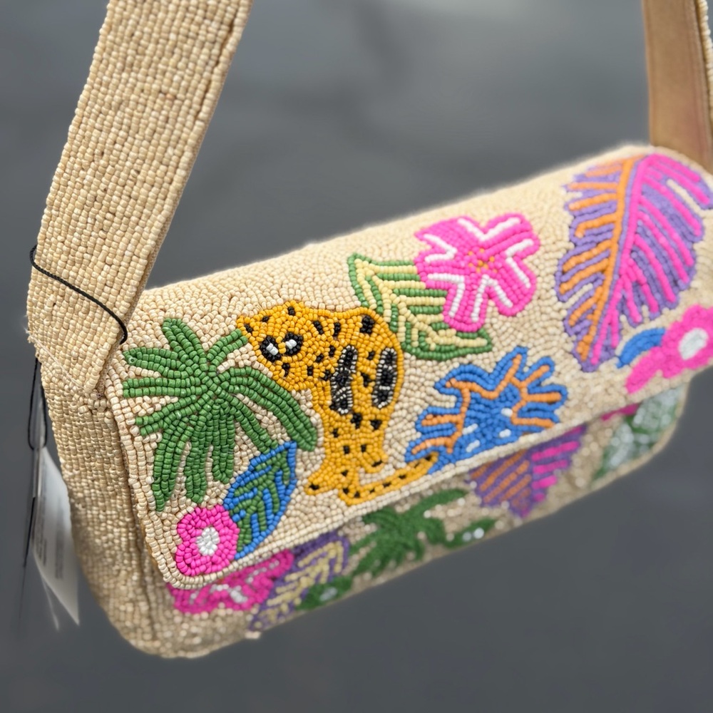 America & Beyond Beaded Jungle Queen Leopard Tropical Embellished Shoulder Bag - Picture 4 of 7